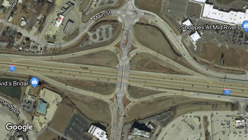 Illustration for article titled Drive through a Diverging Diamond intersection. Part One, with a near miss.